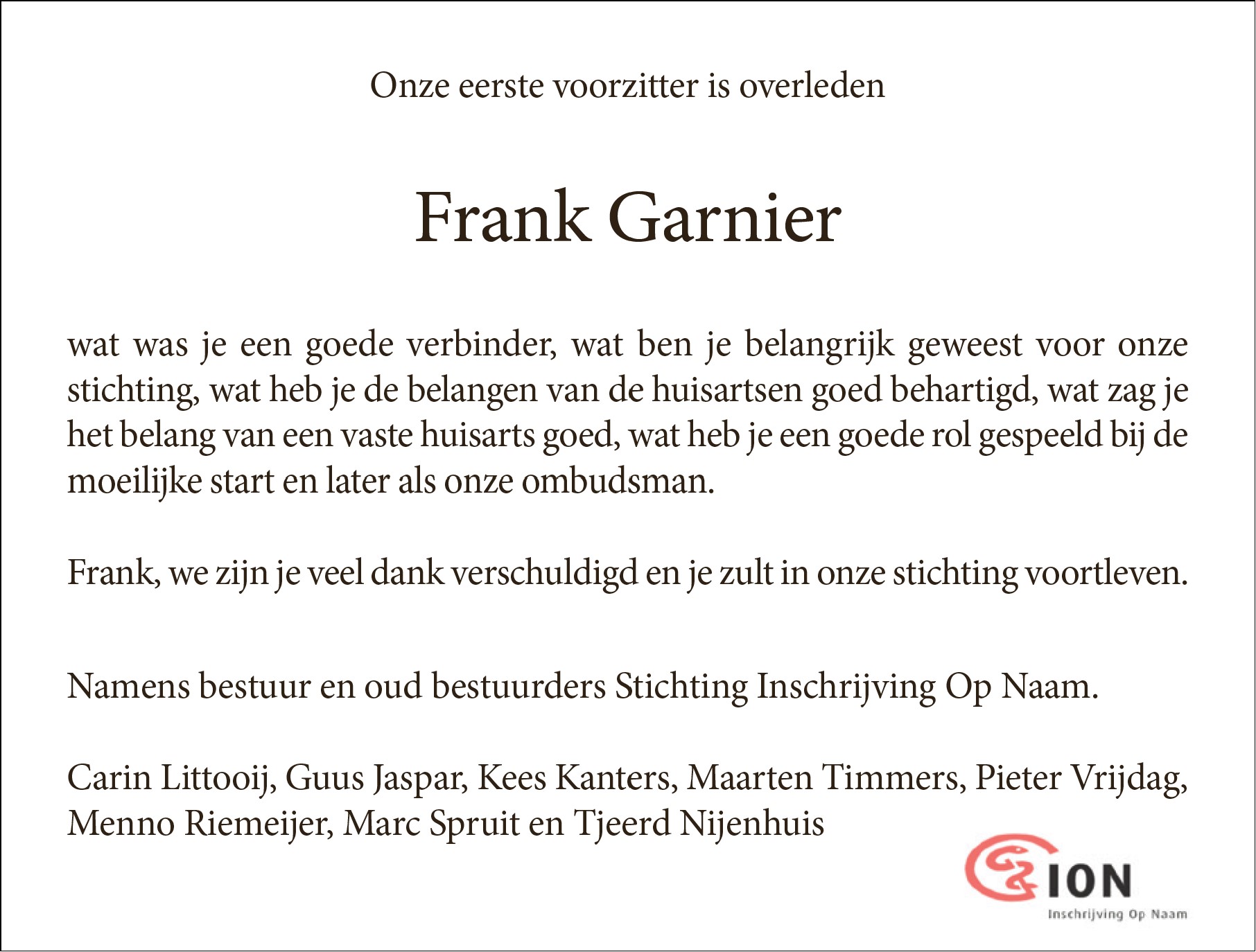Overlijden Frank Garnier